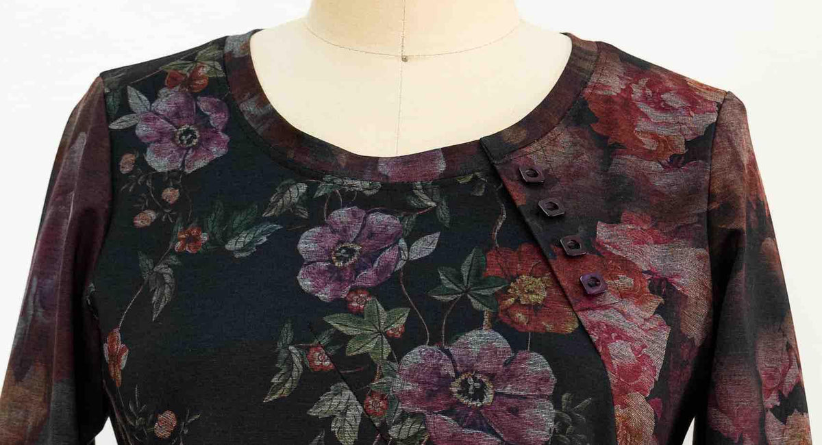 Floral print fabric top with button detail, ideal for apparel sewing projects