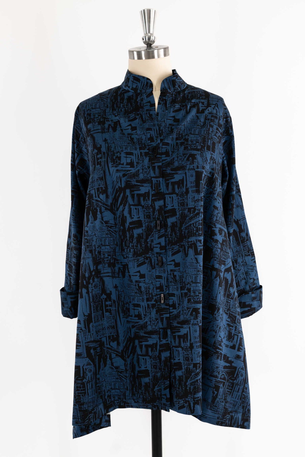 Blue abstract city print tunic with mandarin collar and button front, ideal for sewing apparel