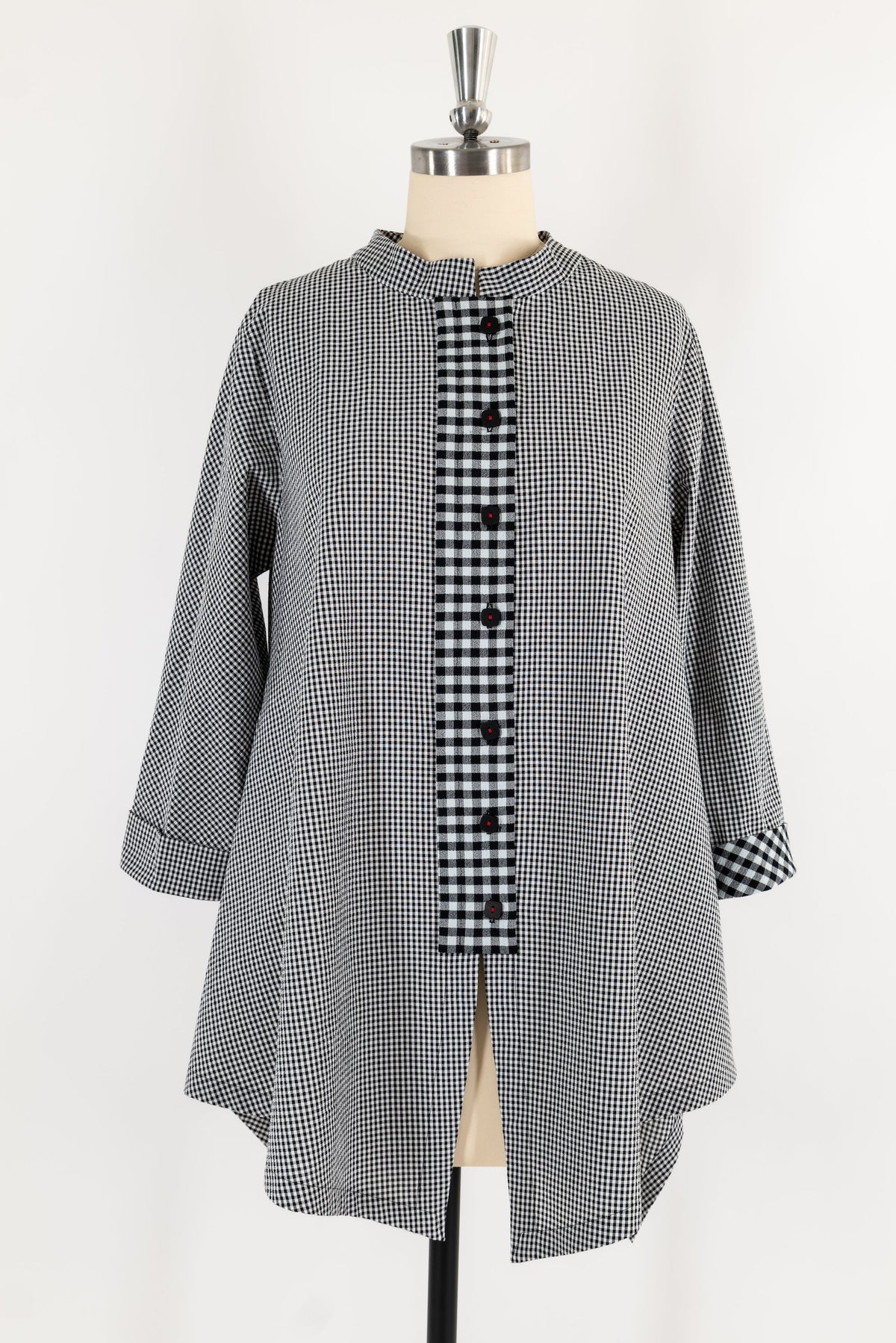 Black and white gingham tunic with button front, perfect for sewing apparel or quilting projects