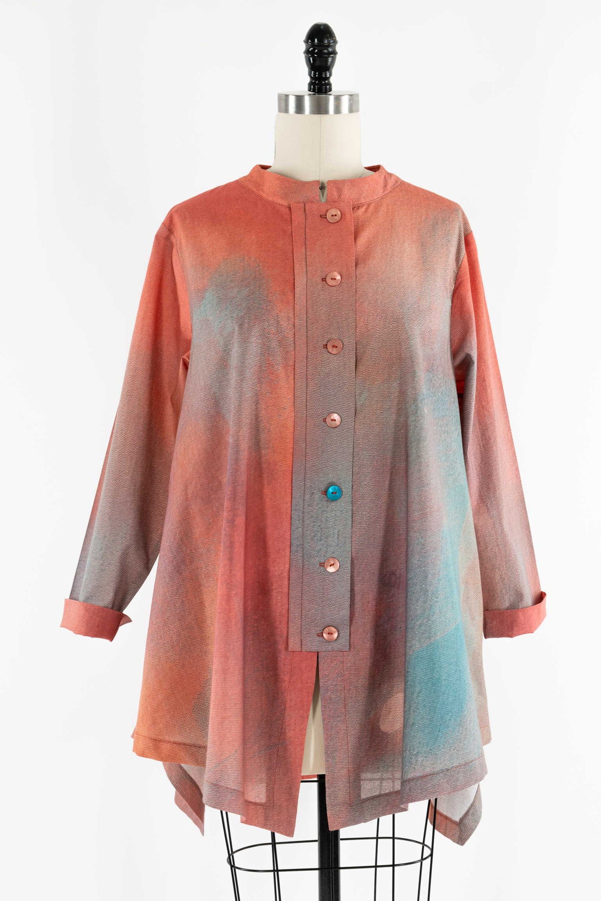 Ombre button-up tunic in coral and teal, long sleeves, asymmetrical hem, ideal for creative sewing projects