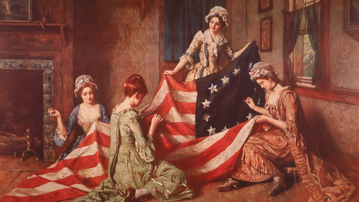 Women sewing American flag in historic dress, vintage patriotic scene