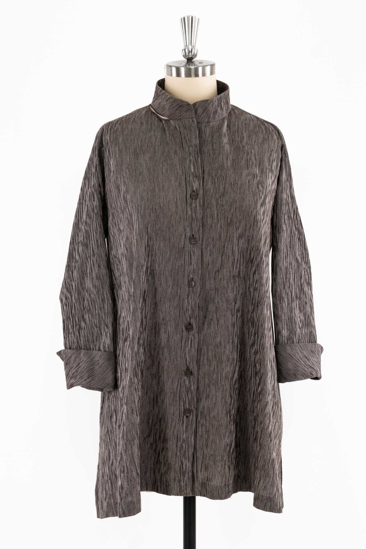 Gray striped corduroy tunic with button front and roll-up sleeves, ideal for sewing projects