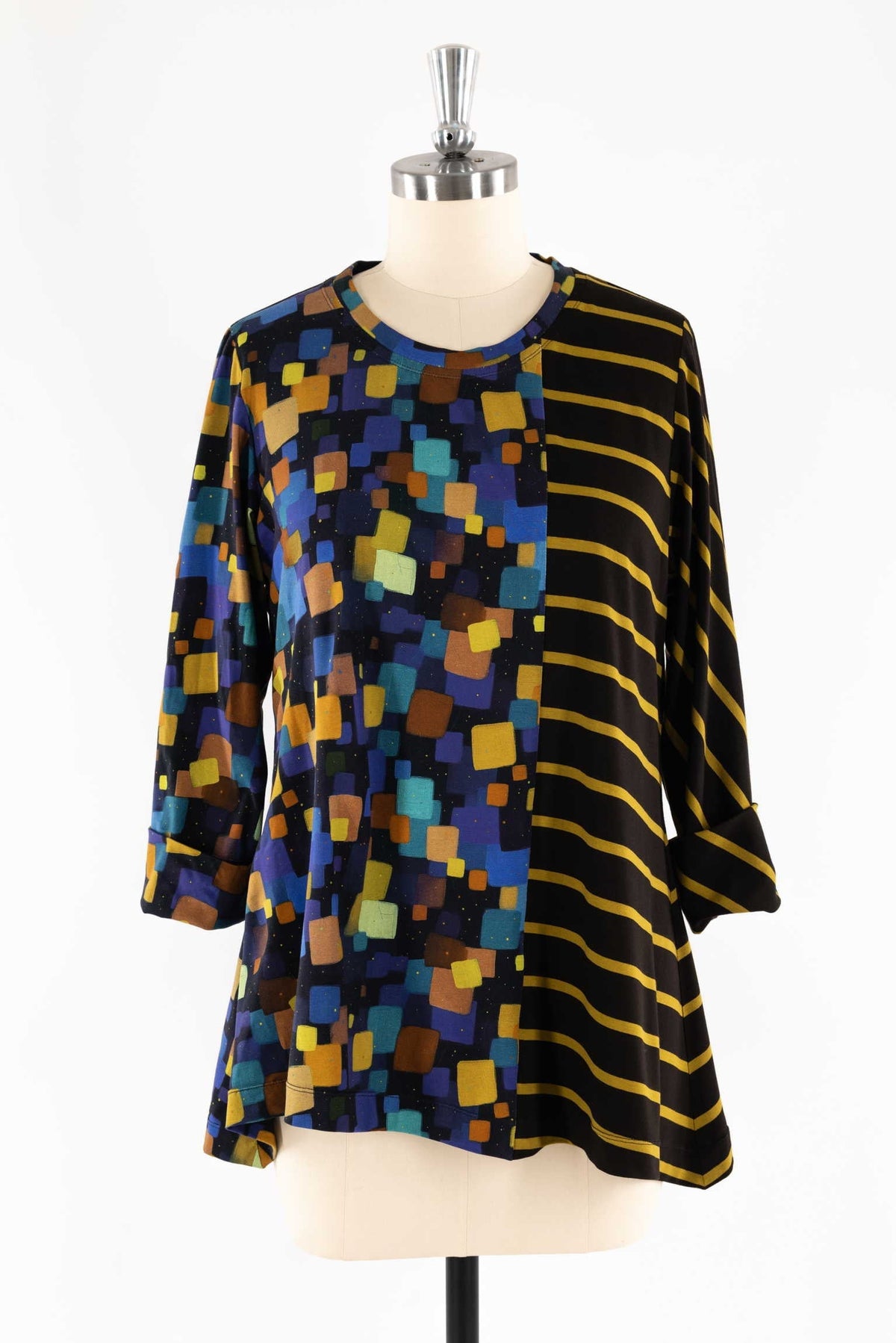 Abstract geometric print tunic with color-block stripes, ideal for sewing apparel and creative fashion projects