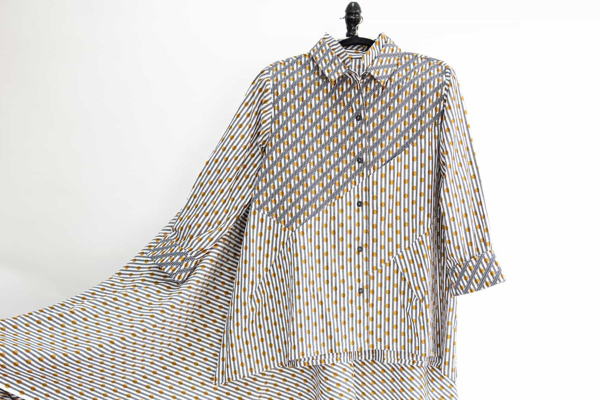 Striped and polka dot button-up shirt in cotton blend fabric for sewing projects