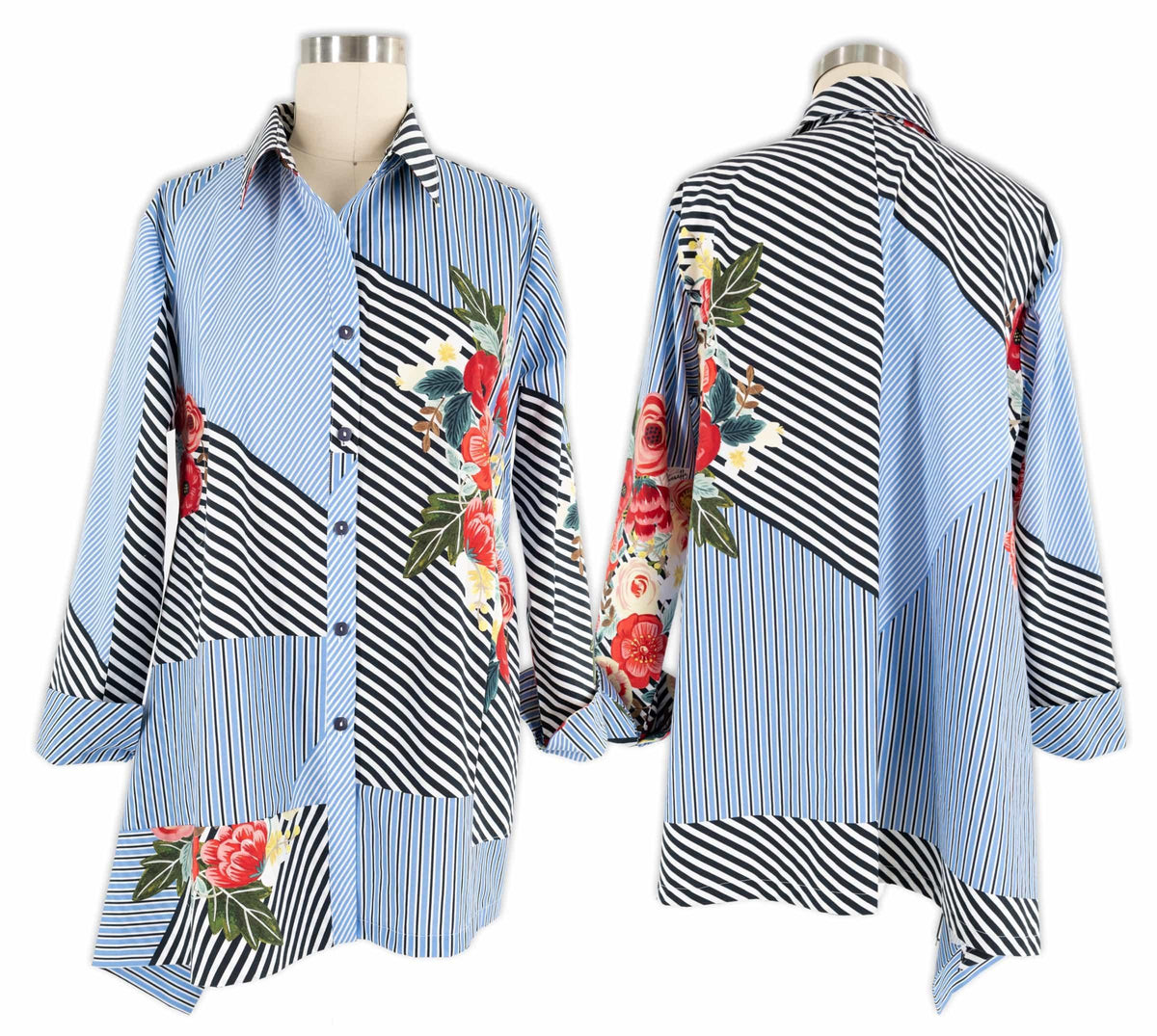 Patchwork shirt with blue stripes, black-and-white stripes, and red floral print, front and back views