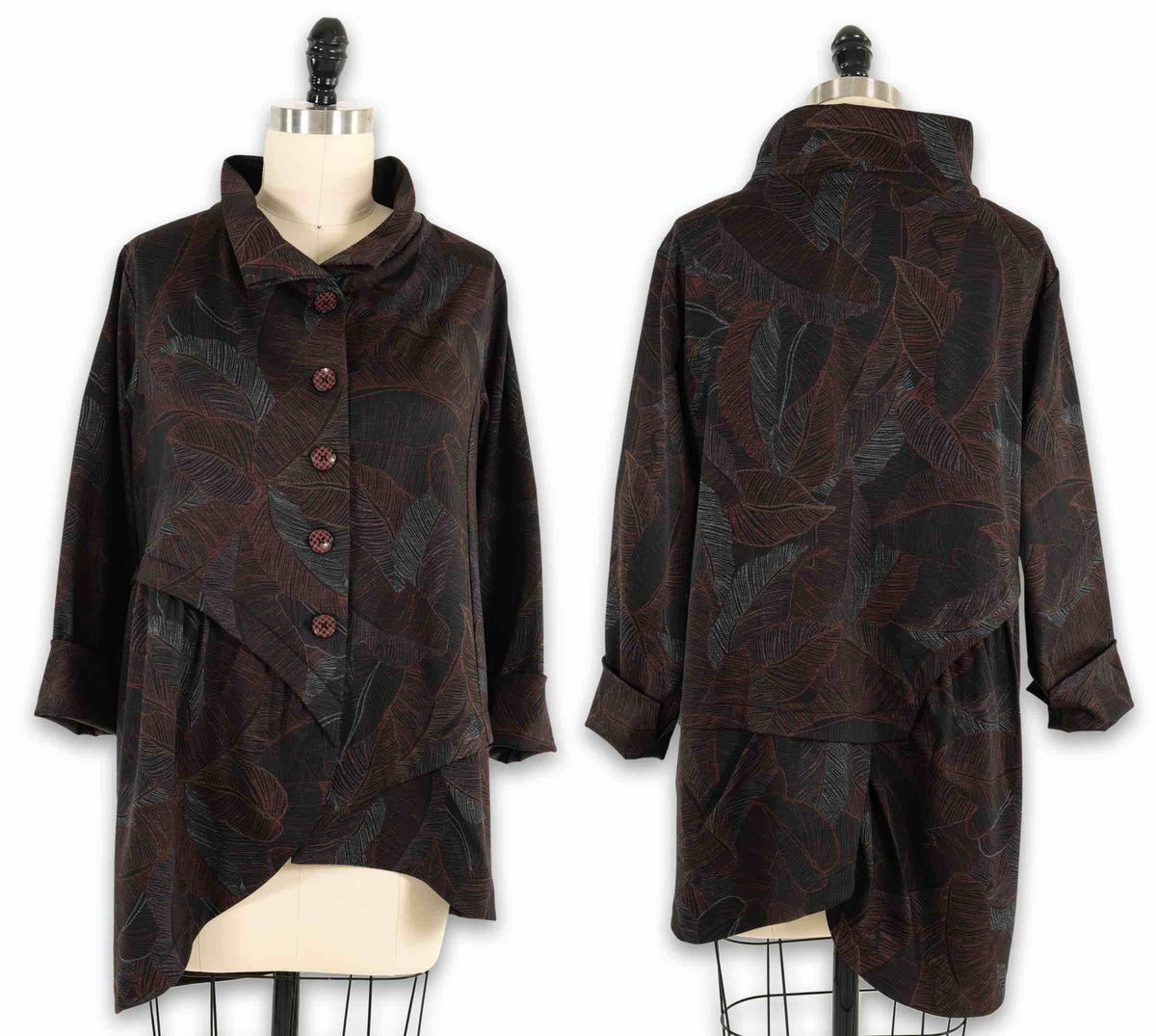 Leaf print button-up tunic top in dark tones, front and back views on mannequin