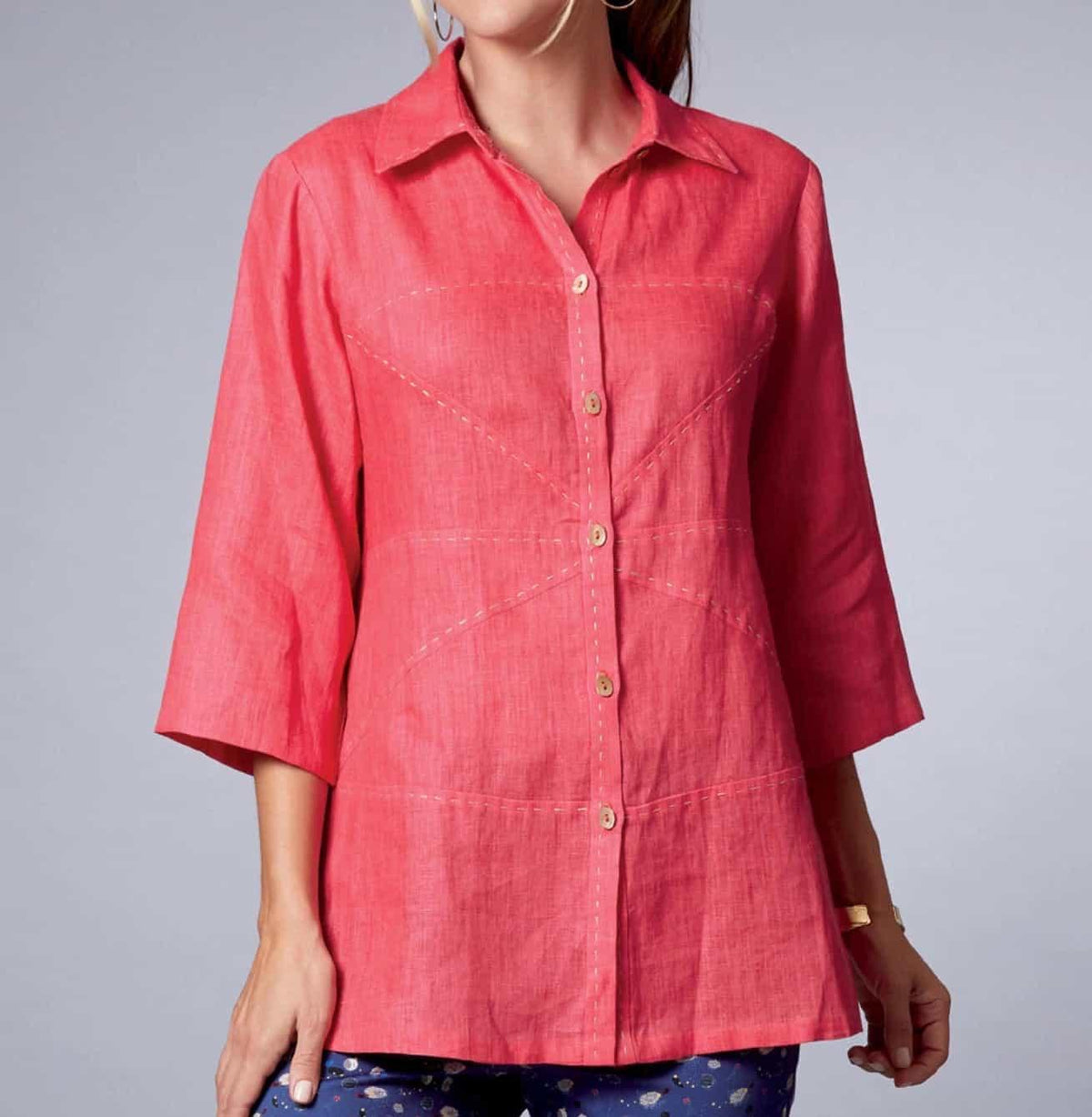 Coral linen button-up shirt with decorative stitching and 3/4 sleeves