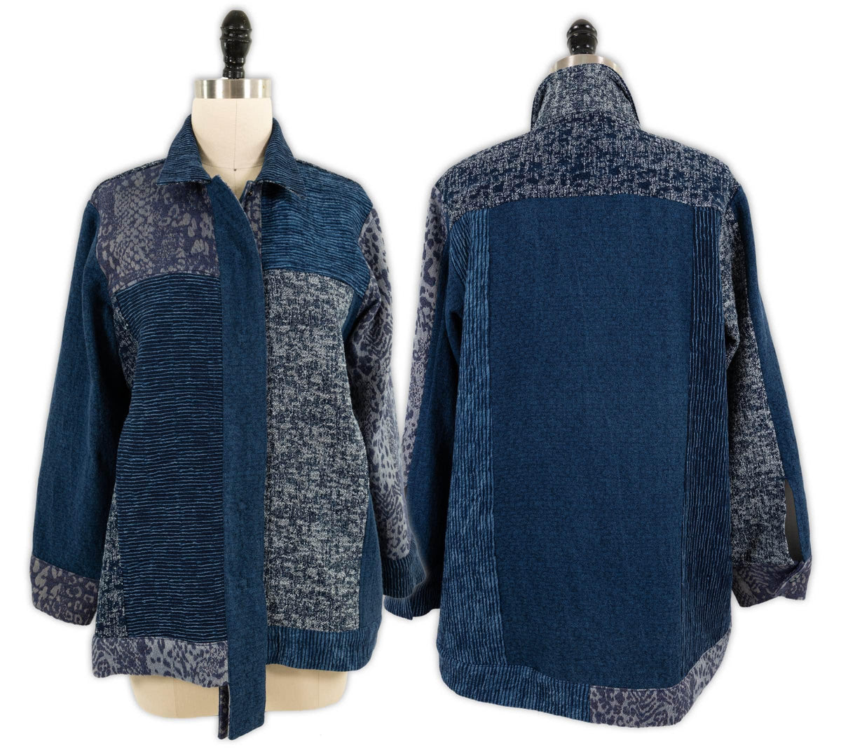 Blue patchwork jacket with corduroy, knit, and animal print panels for sewing projects