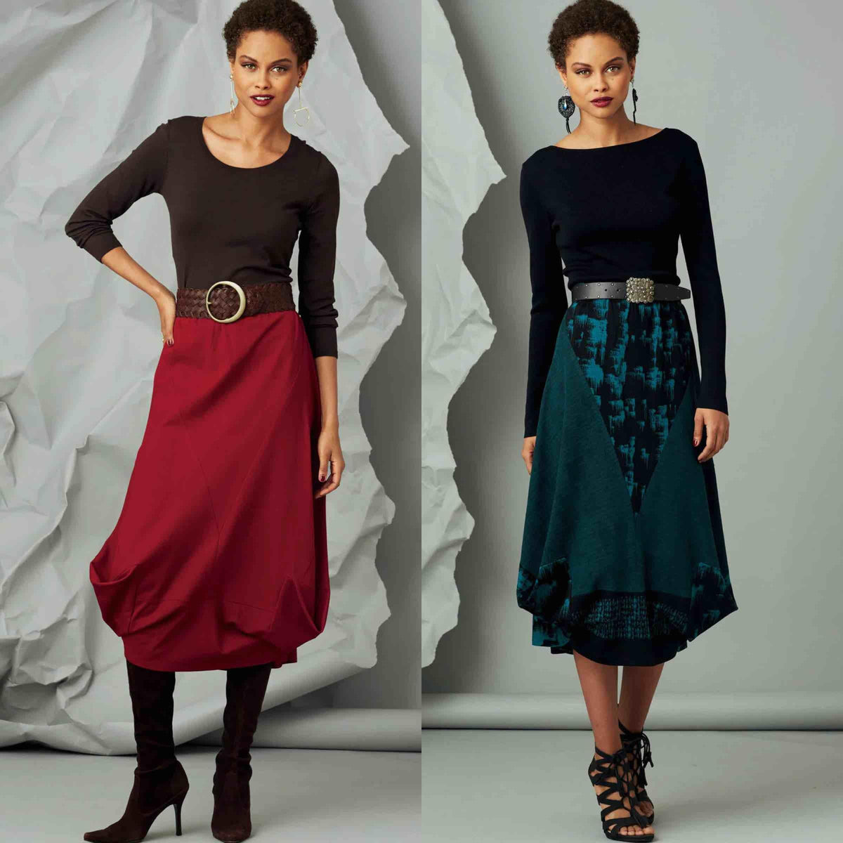 Two women modeling stylish A-line skirts in burgundy and teal, paired with long-sleeve tops and belts for fashion sewing projects.