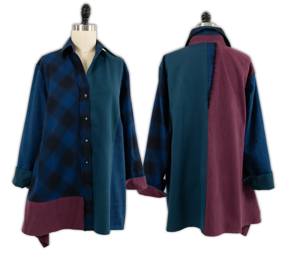 Color-blocked button-up shirt in teal, navy, and burgundy fabrics, front and back views on mannequin