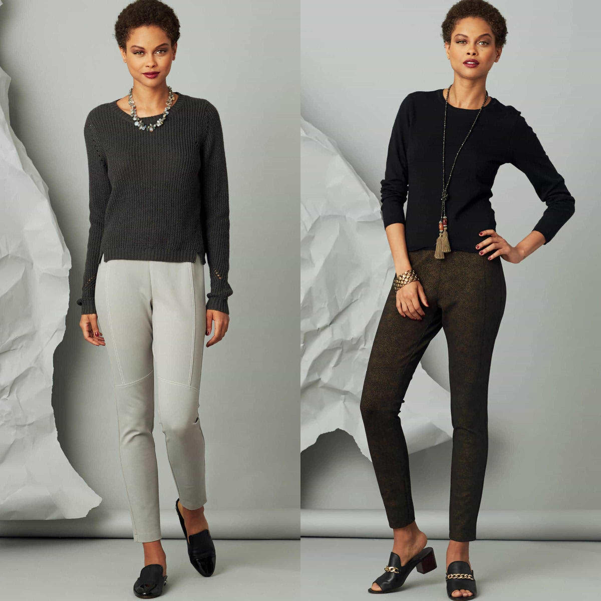 Women modeling stylish knit sweaters and tailored pants in gray and black, perfect for sewing projects