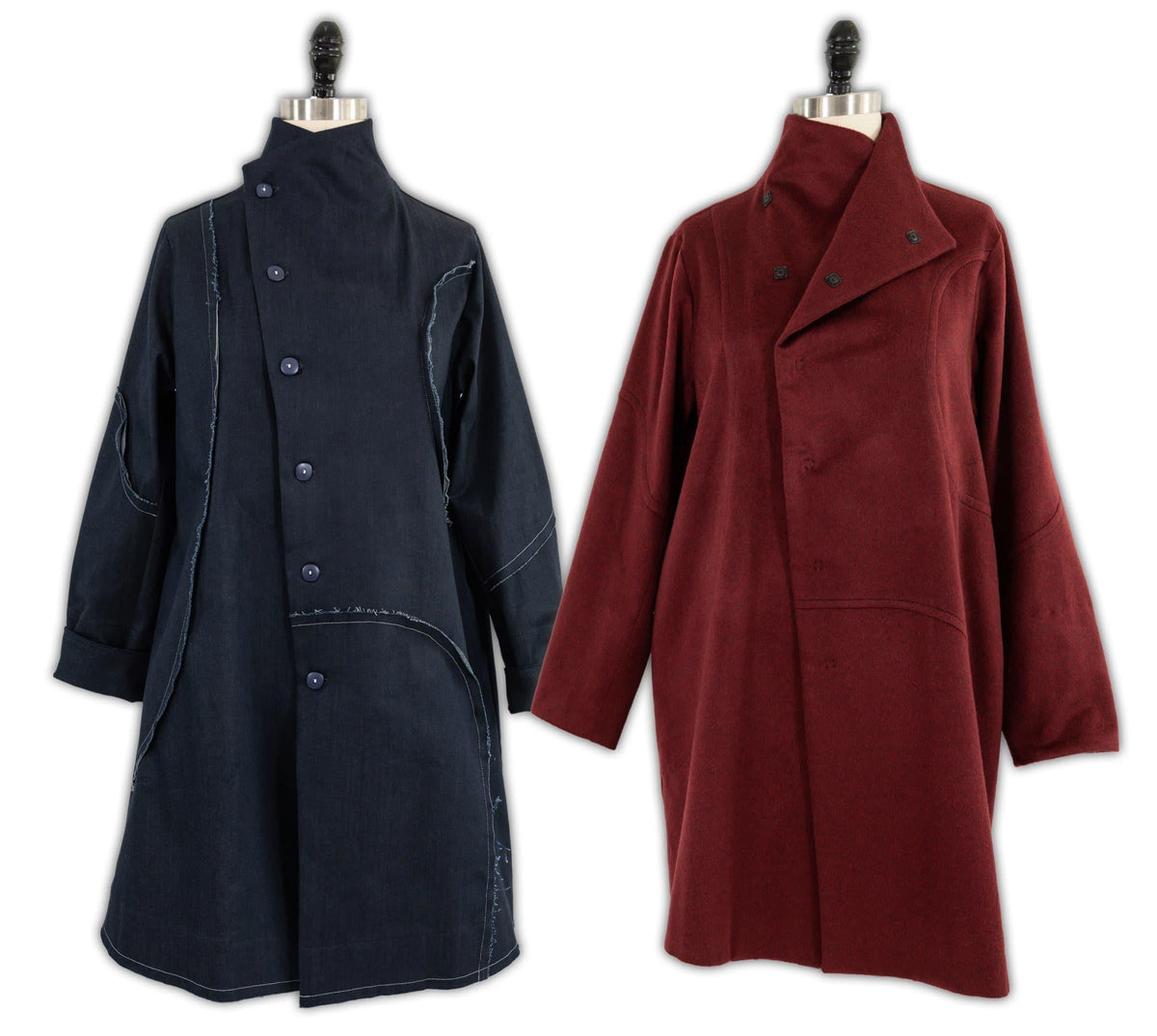 Dark denim and burgundy wool coats with button closures, ideal for sewing apparel projects using quality fabrics.