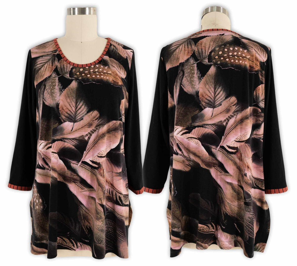 Black long-sleeve tunic with feather and leaf print, red trim, front and back views