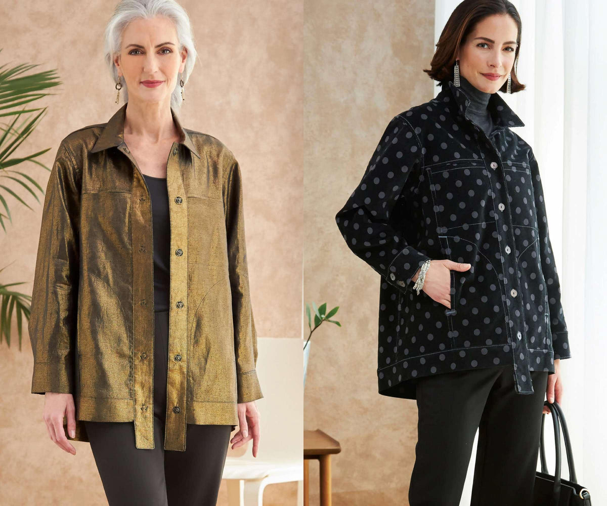 Two women modeling stylish button-up shirts — one in metallic gold, one in black polka dot — ideal for sewing projects