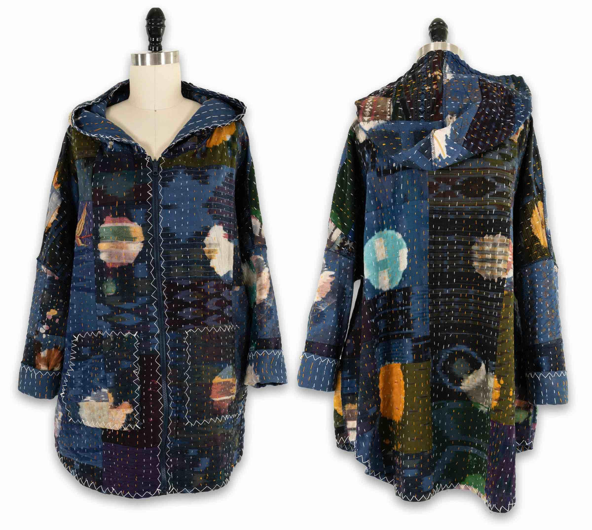 Patchwork hooded jacket with abstract print, quilted stitching, and front zipper — ideal for creative sewing projects.