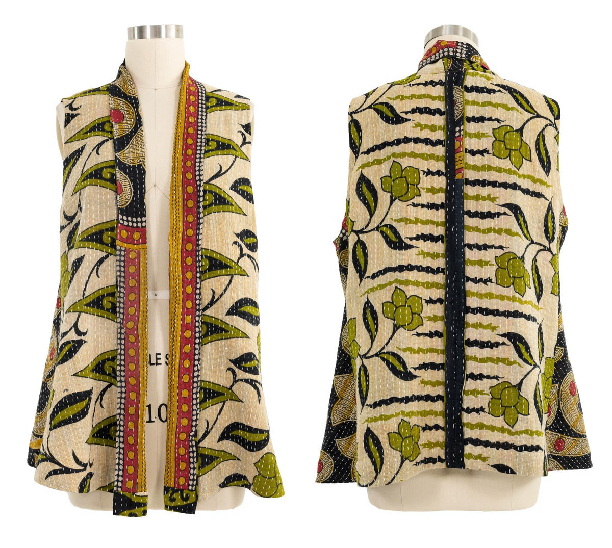 Sleeveless floral print vest with contrasting trim, displayed front and back on mannequin