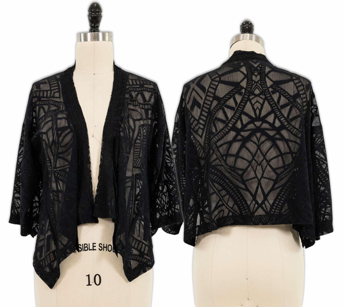 Black geometric lace kimono jacket, front and back view on mannequin, ideal for sewing projects