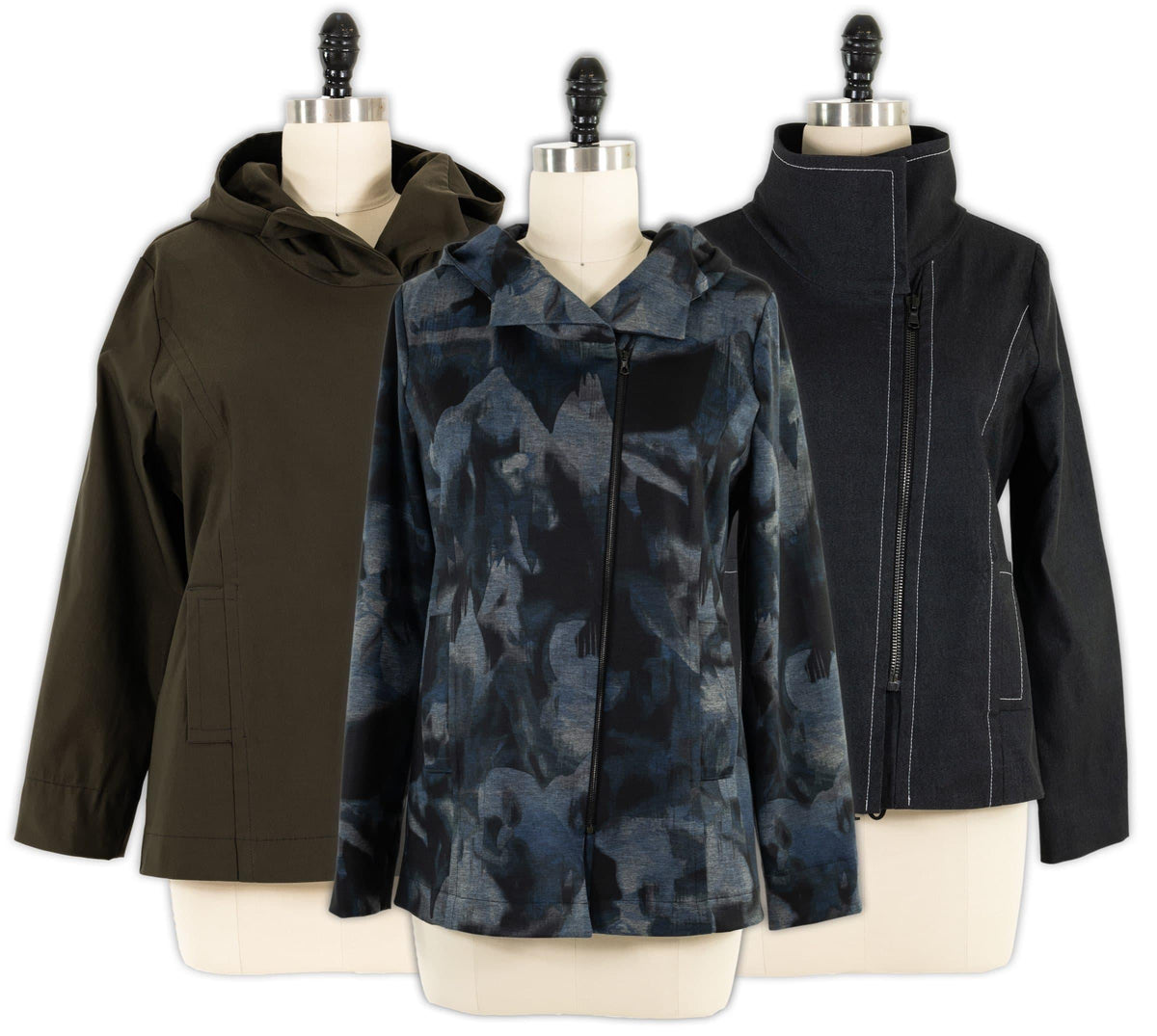 Three stylish hooded jackets in olive, blue abstract print, and black with white stitching, displayed on mannequins for sewing inspiration.