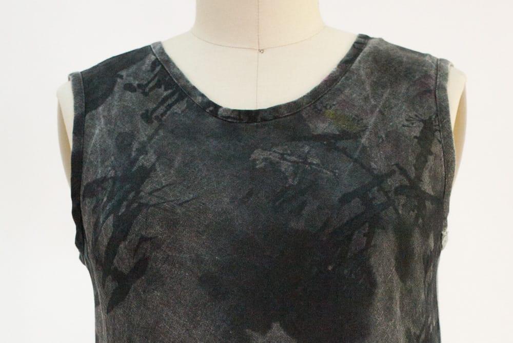 Sleeveless top in abstract dark print fabric, ideal for apparel sewing projects