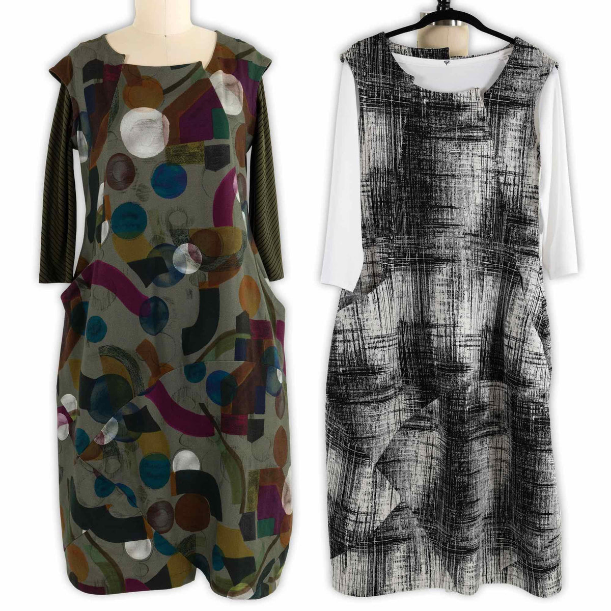 Two abstract print dresses: one colorful geometric, one black white textured — ideal for creative sewing projects.