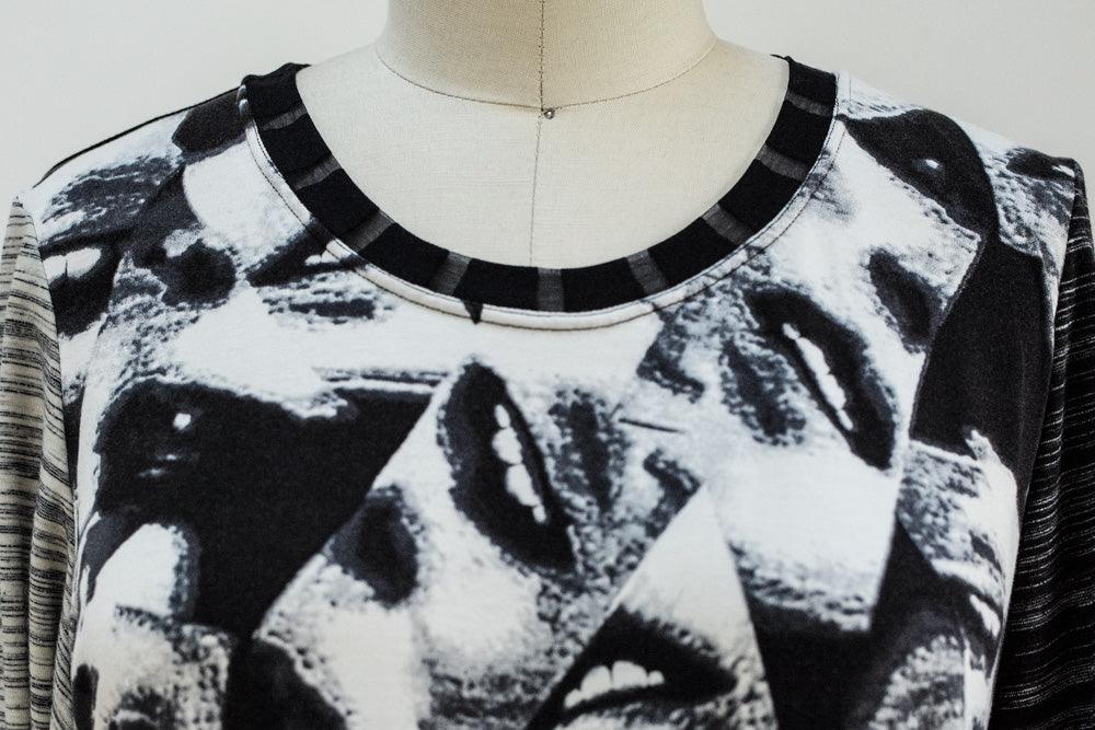 Black and white abstract face print fabric on mannequin, ideal for fashion apparel sewing projects