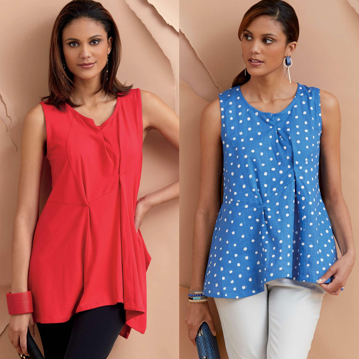 Red and blue polka dot sleeveless tops for women, stylish apparel sewing projects