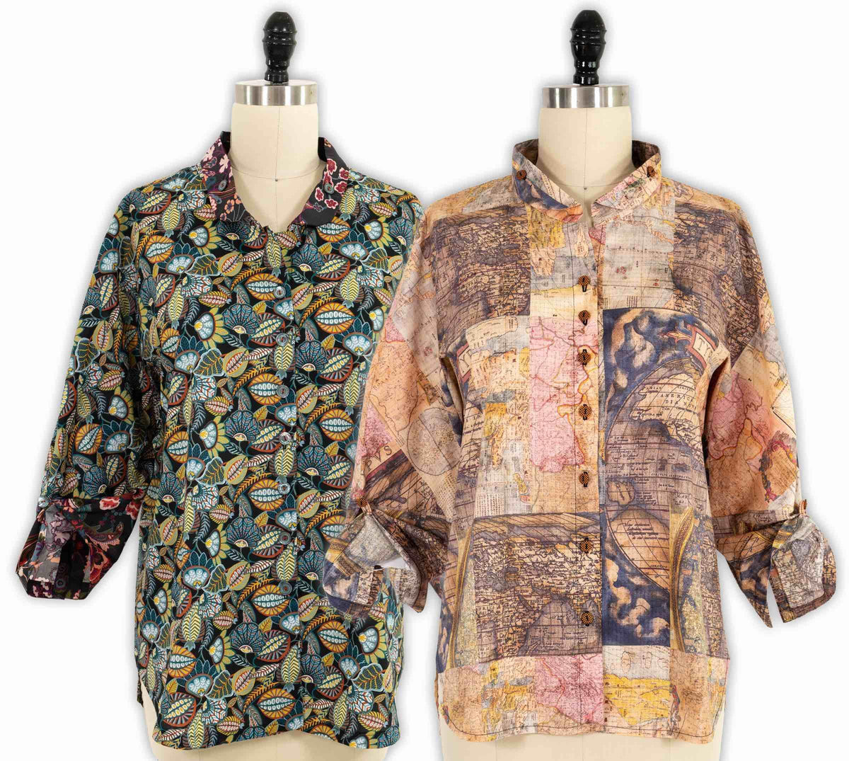Two patterned button-up shirts on mannequins: one floral, one vintage map print — ideal for creative sewing projects.