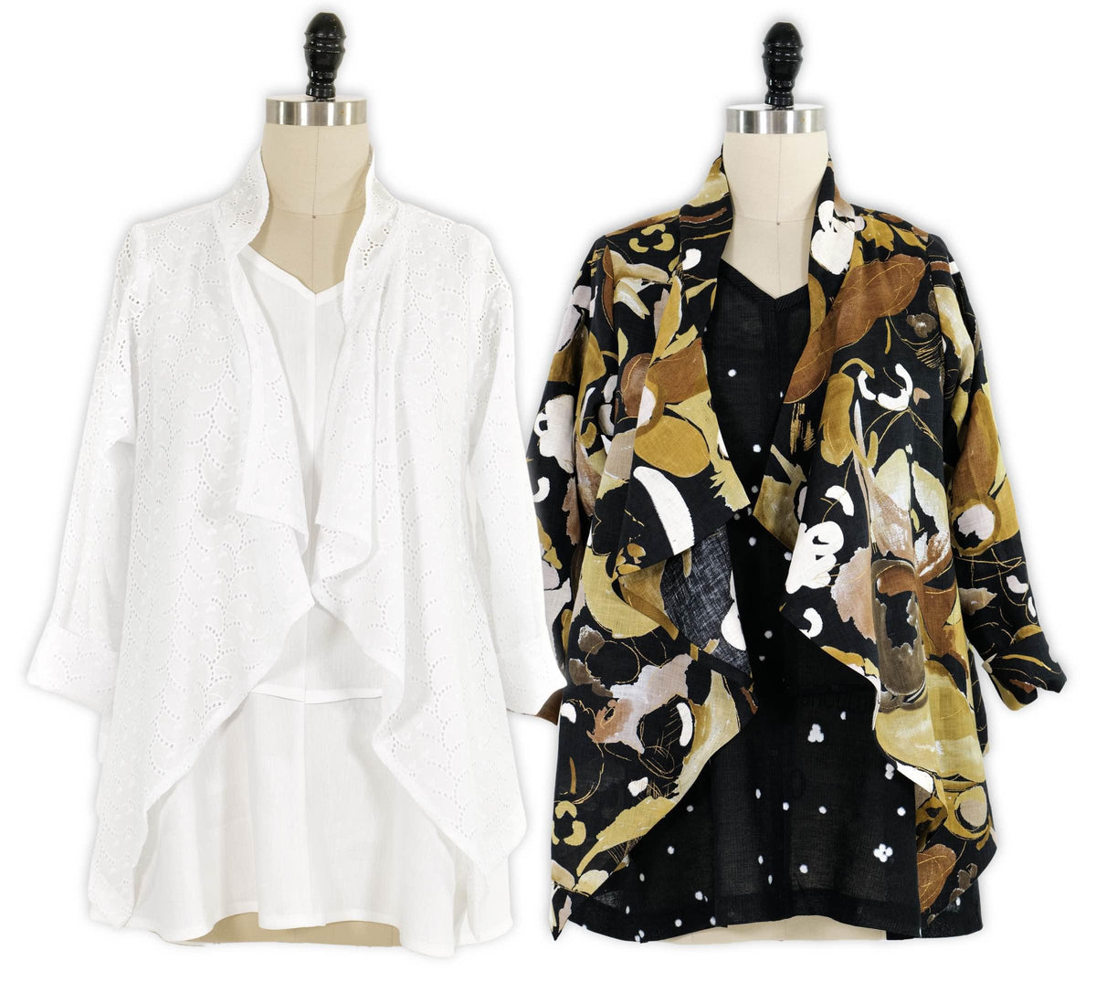White eyelet and black floral print drape jackets for sewing, ideal for apparel and fashion projects