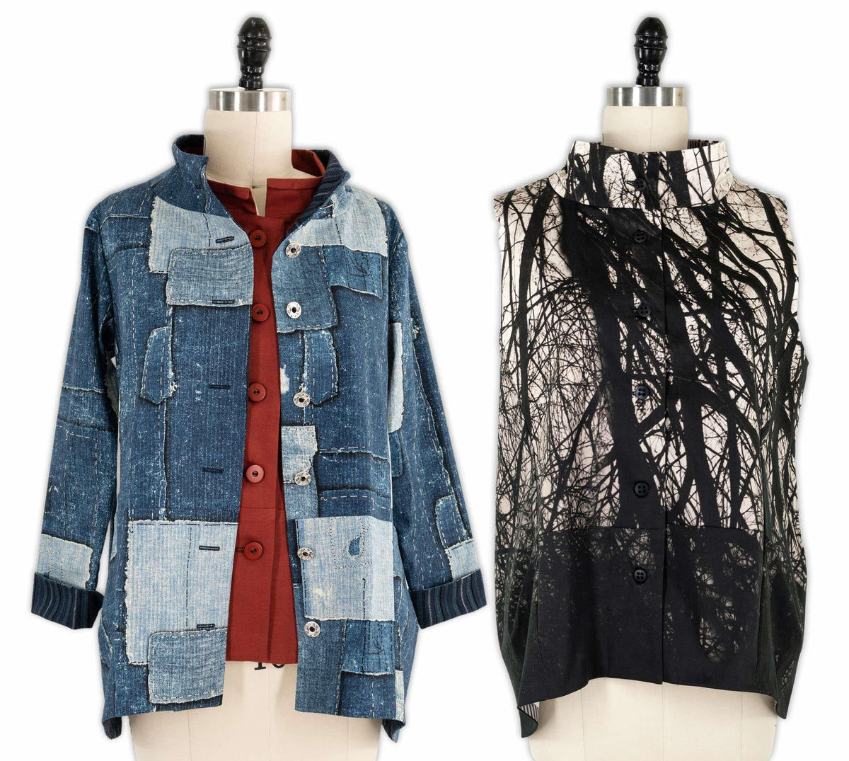 Denim patchwork jacket and abstract tree print top on mannequins, ideal for creative sewing projects