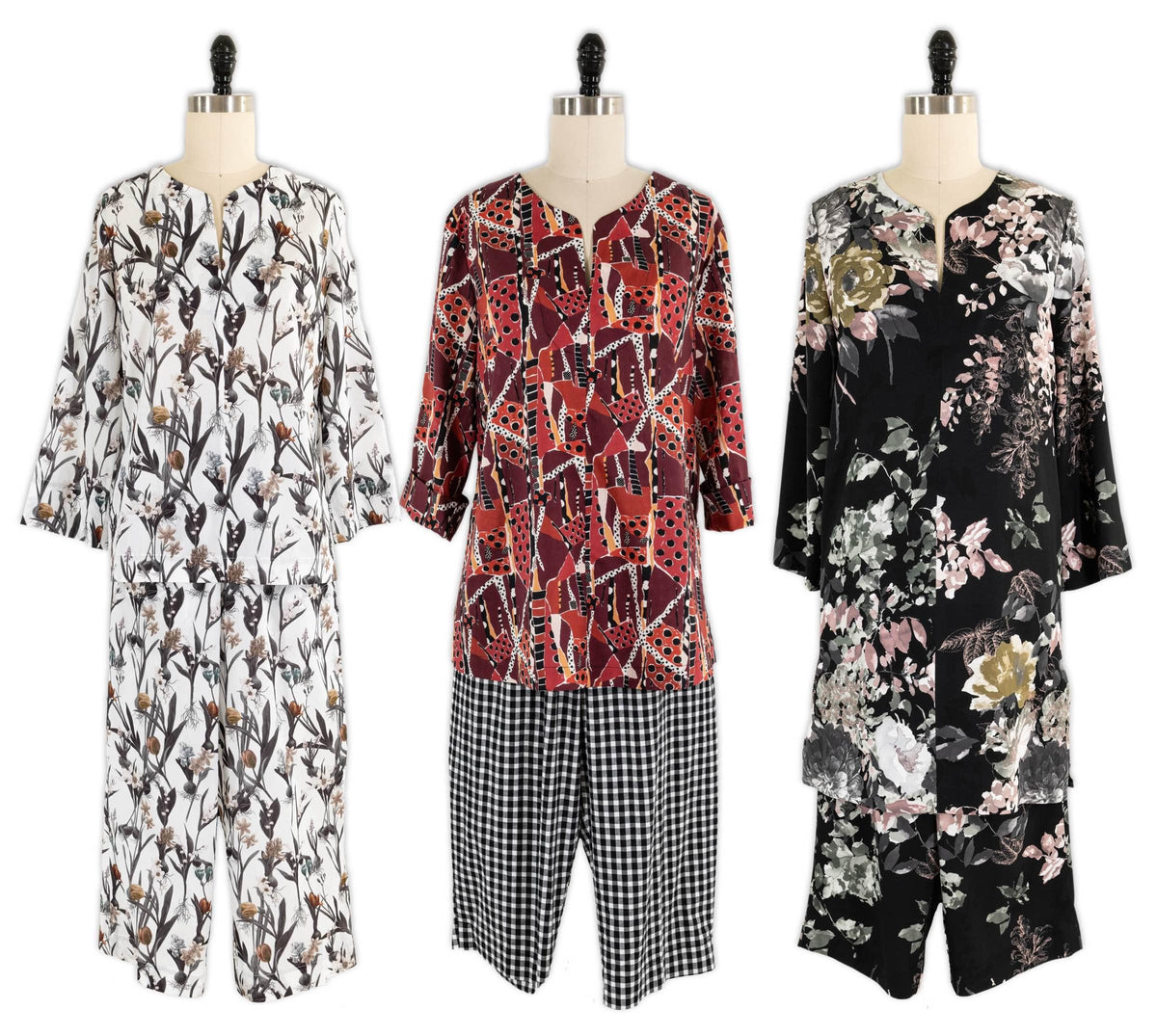 Three stylish women's loungewear sets with floral and geometric prints, perfect for sewing projects