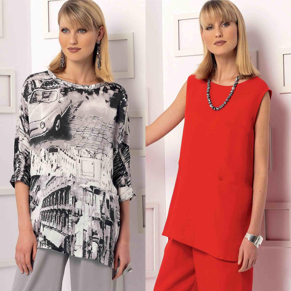 Women modeling stylish tops: one in abstract print, another in solid red—perfect for fashion sewing projects.