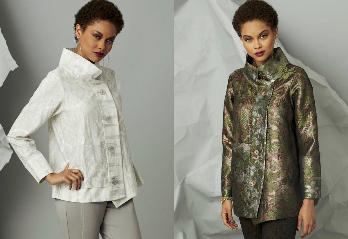 Stylish women's jackets in textured fabric — white marbled and green botanical print, perfect for fashion sewing projects.
