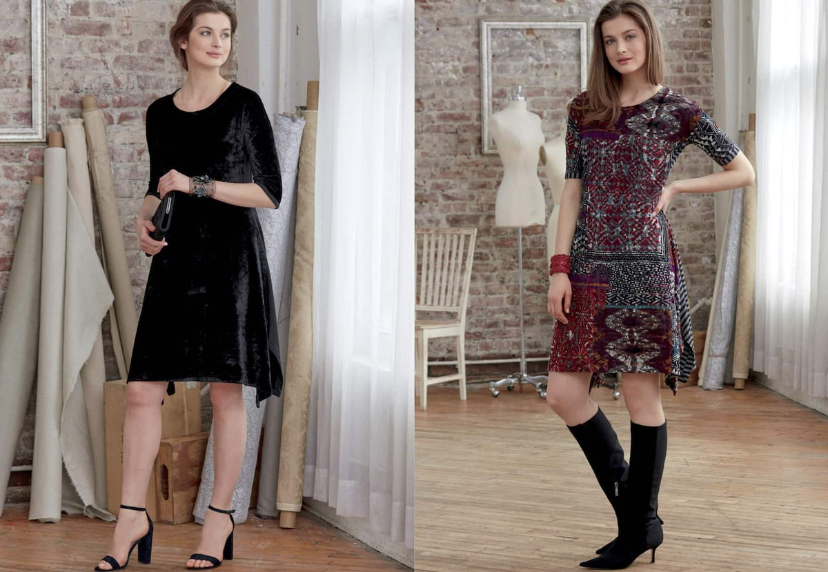 Women modeling black velvet and patterned dresses in fabric studio, ideal for sewing apparel and fashion projects