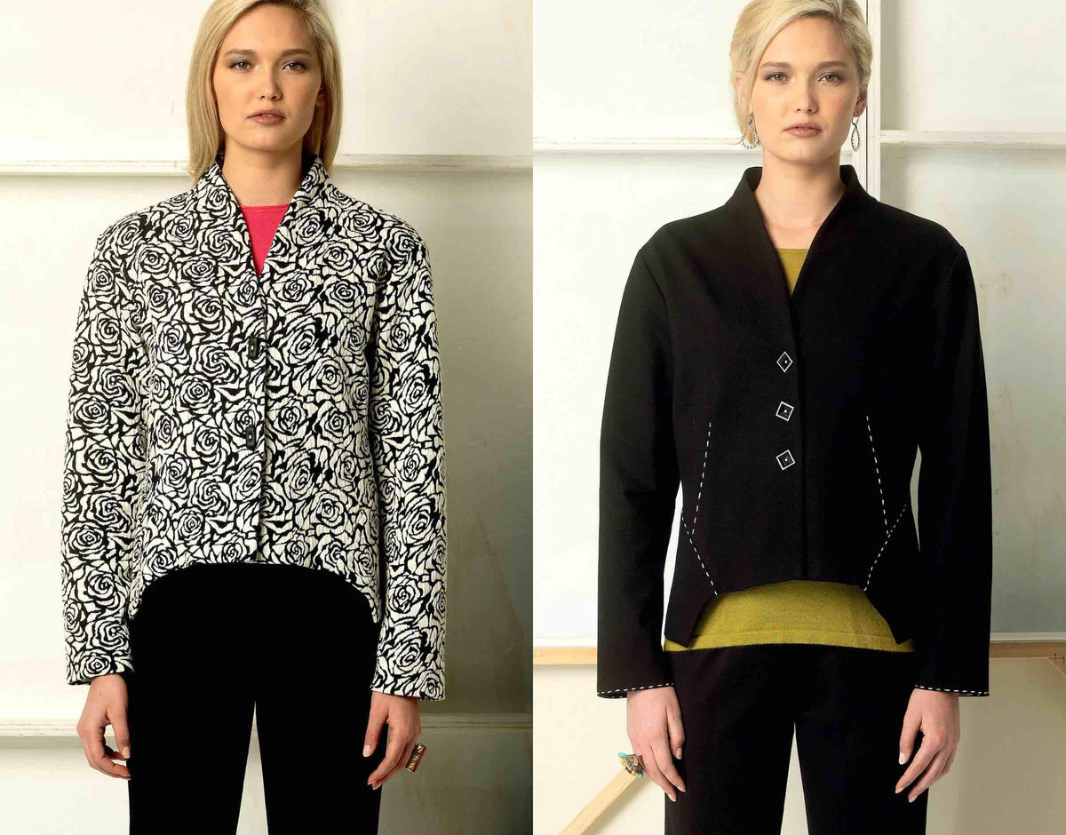 Two women modeling stylish jackets: one in black-and-white rose print, the other in solid black with contrast stitching — ideal for sewing apparel with fashion fabrics.