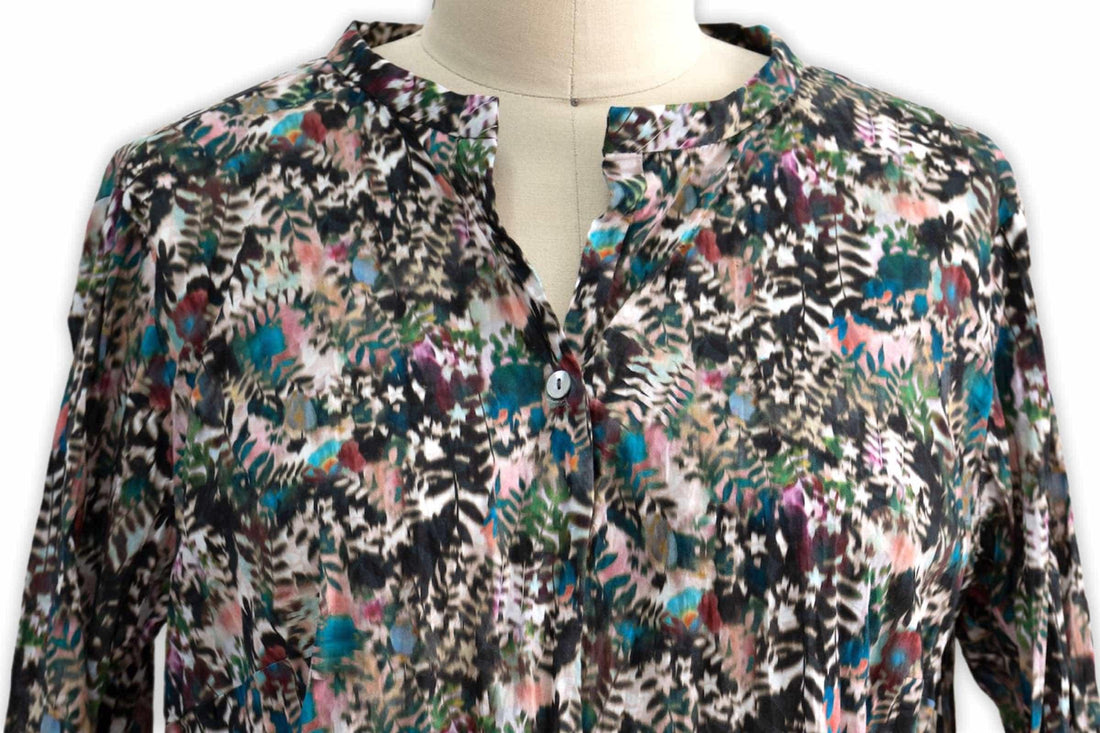Floral print blouse with button front, showcasing vibrant multicolor fabric ideal for sewing apparel