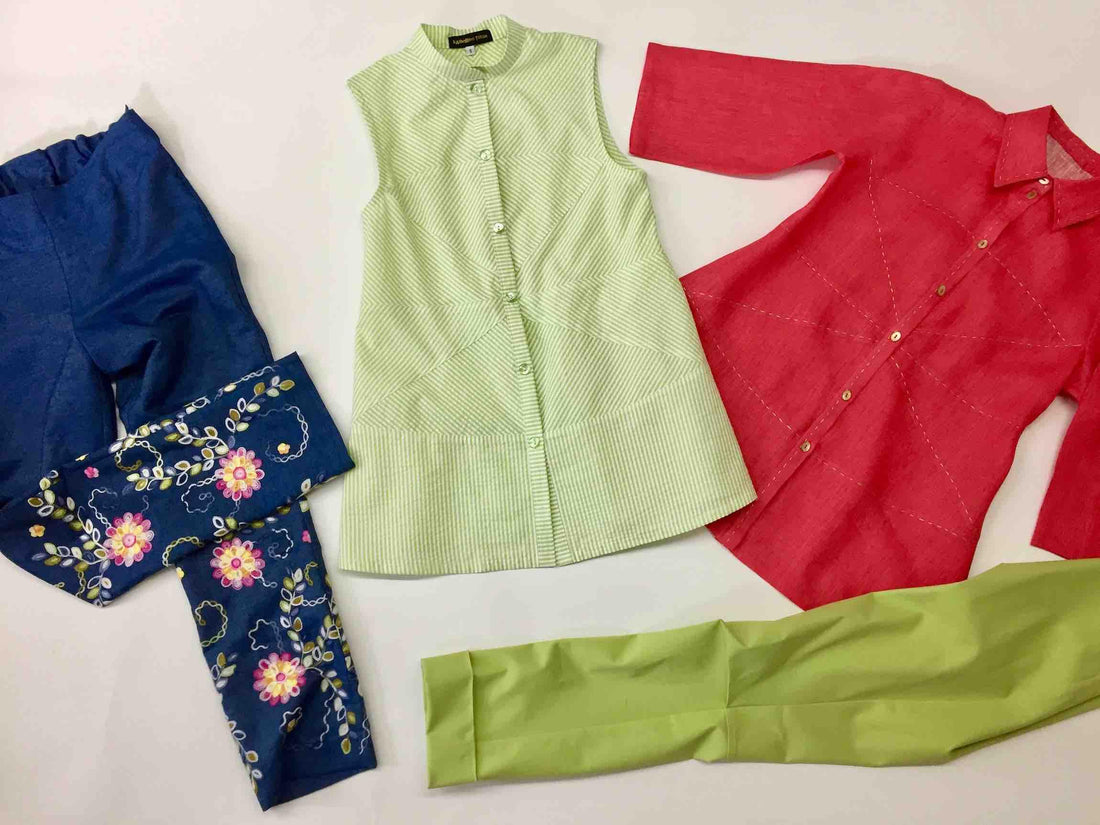 Handmade apparel set: striped green vest, red shirt, floral blue pants, lime green skirt — ideal for sewing projects