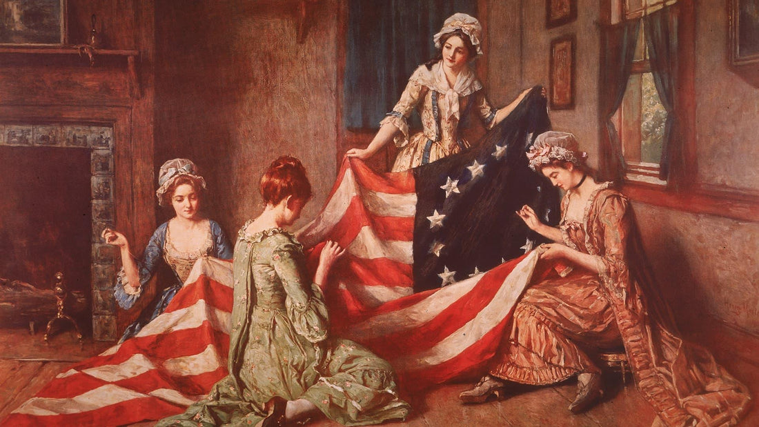 Women sewing American flag in historic dress, vintage patriotic scene