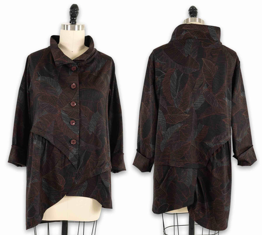 Leaf print button-up tunic top in dark tones, front and back views on mannequin