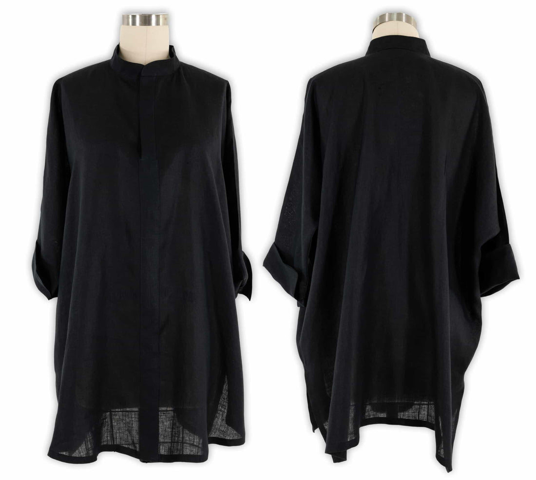 Black linen tunic with mandarin collar, front and back views, loose fit, rolled sleeves, for sewing apparel