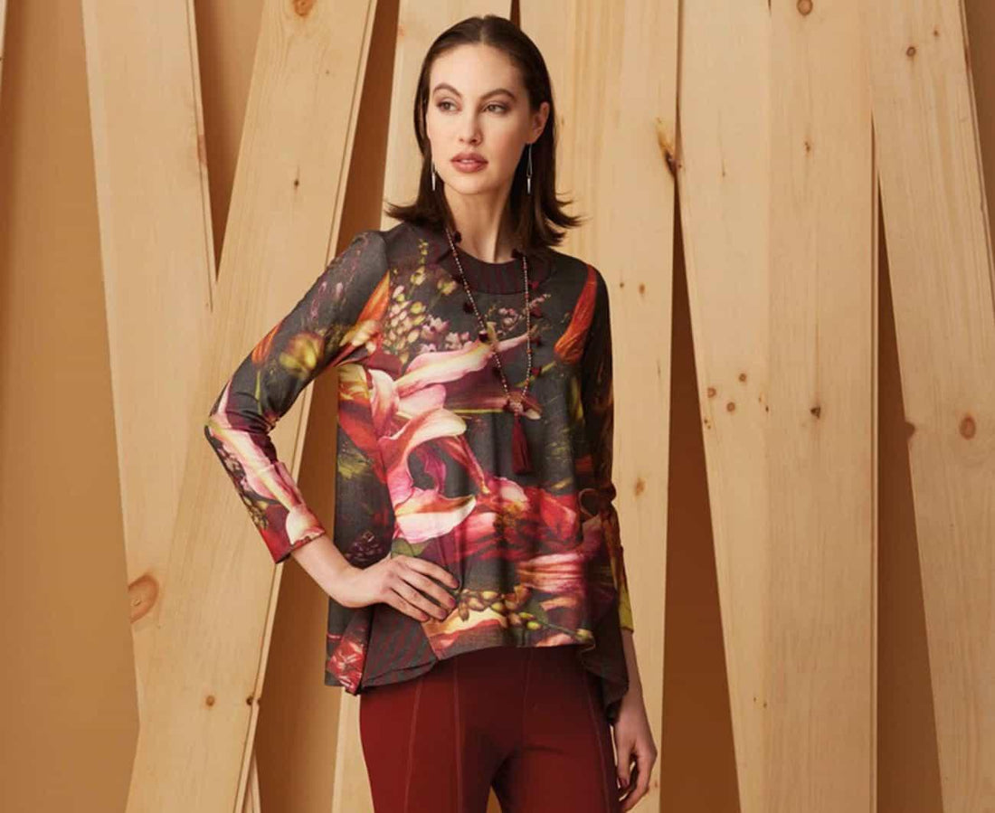 Floral print long sleeve top in vibrant colors, ideal for fashion sewing projects