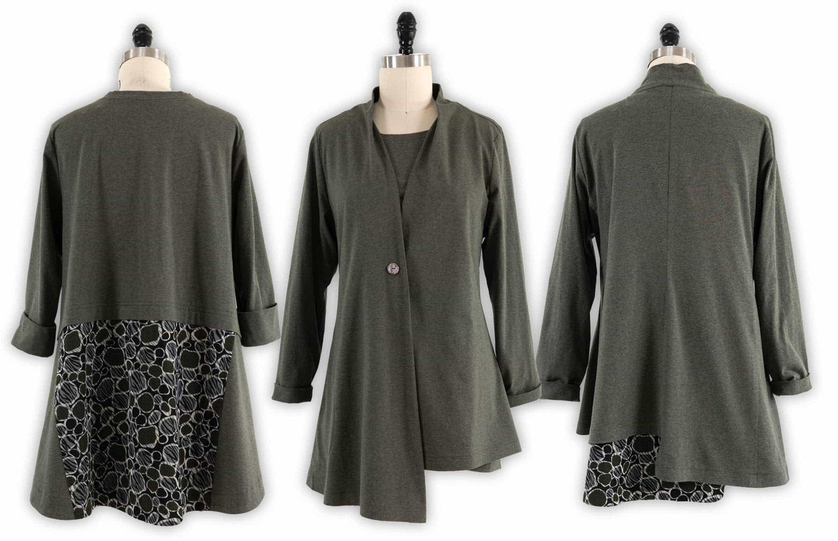 Olive green knit tunic with patterned hem, shown front and back on mannequin for sewing projects