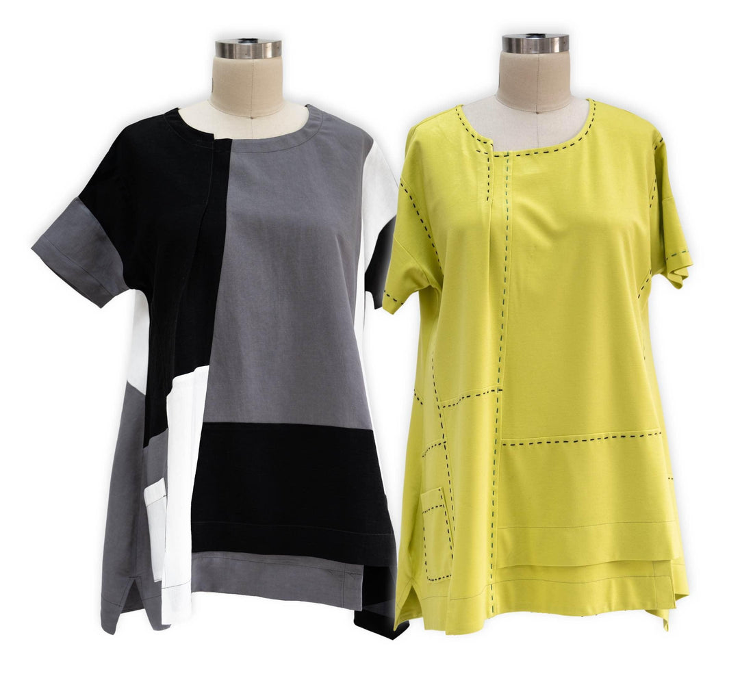 Modern color-block and lime green tunic tops with decorative stitching, ideal for sewing apparel projects.