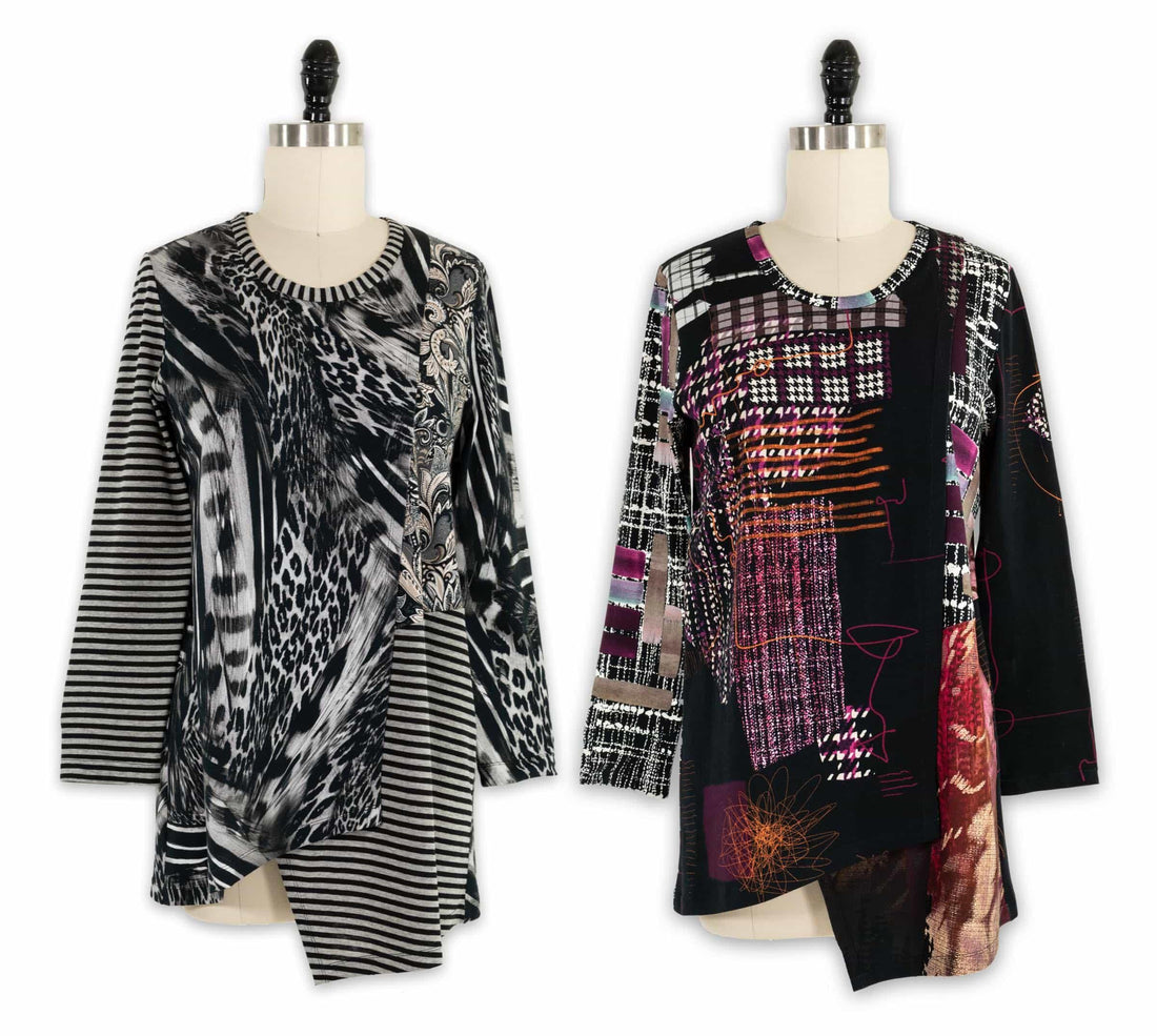 Two mannequins display long-sleeve patchwork tunics with abstract, animal print, and striped patterns in black, white, and bold colors.