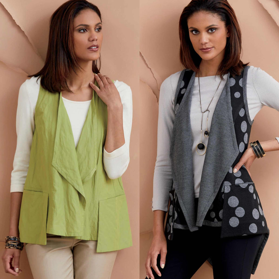 Women modeling stylish fabric vests in green solid and gray polka dot patterns for sewing projects