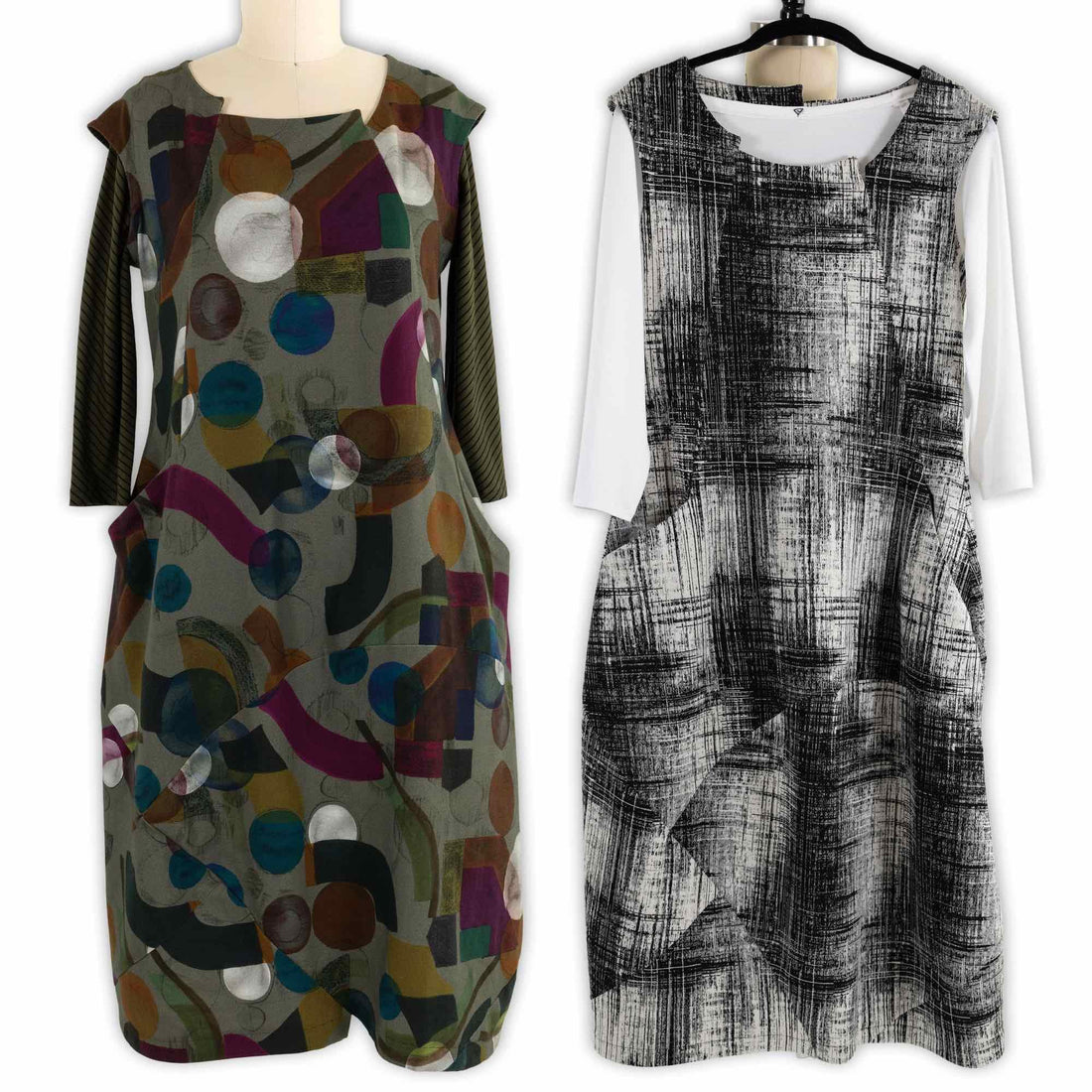 Two abstract print dresses: one colorful geometric, one black white textured — ideal for creative sewing projects.