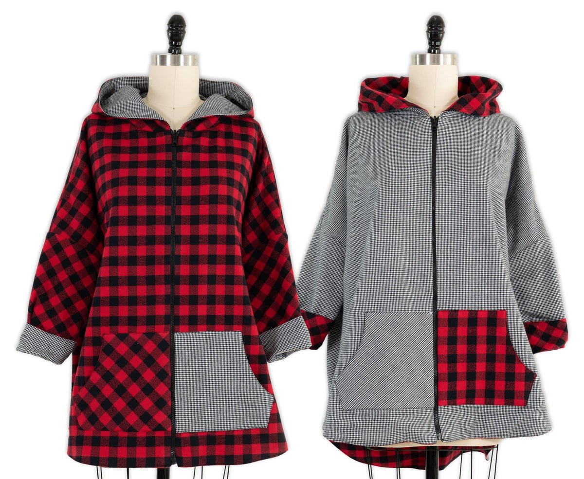 Red black plaid and gray houndstooth hooded coat with patch pockets, ideal for sewing apparel projects