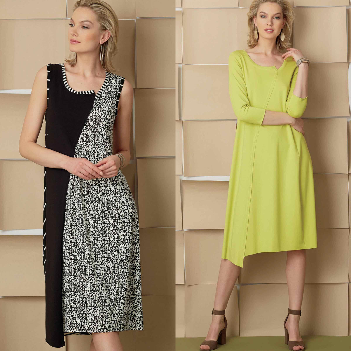 Two women modeling stylish dresses: one in black and white abstract print, another in solid lime green — perfect for sewing projects with fashion fabrics.