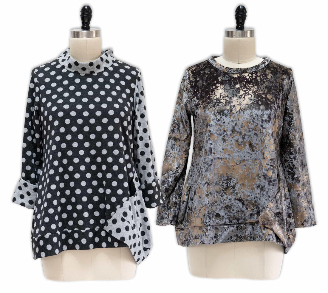Polka dot and abstract print long-sleeve tops on mannequins, ideal for sewing apparel with knit fabrics