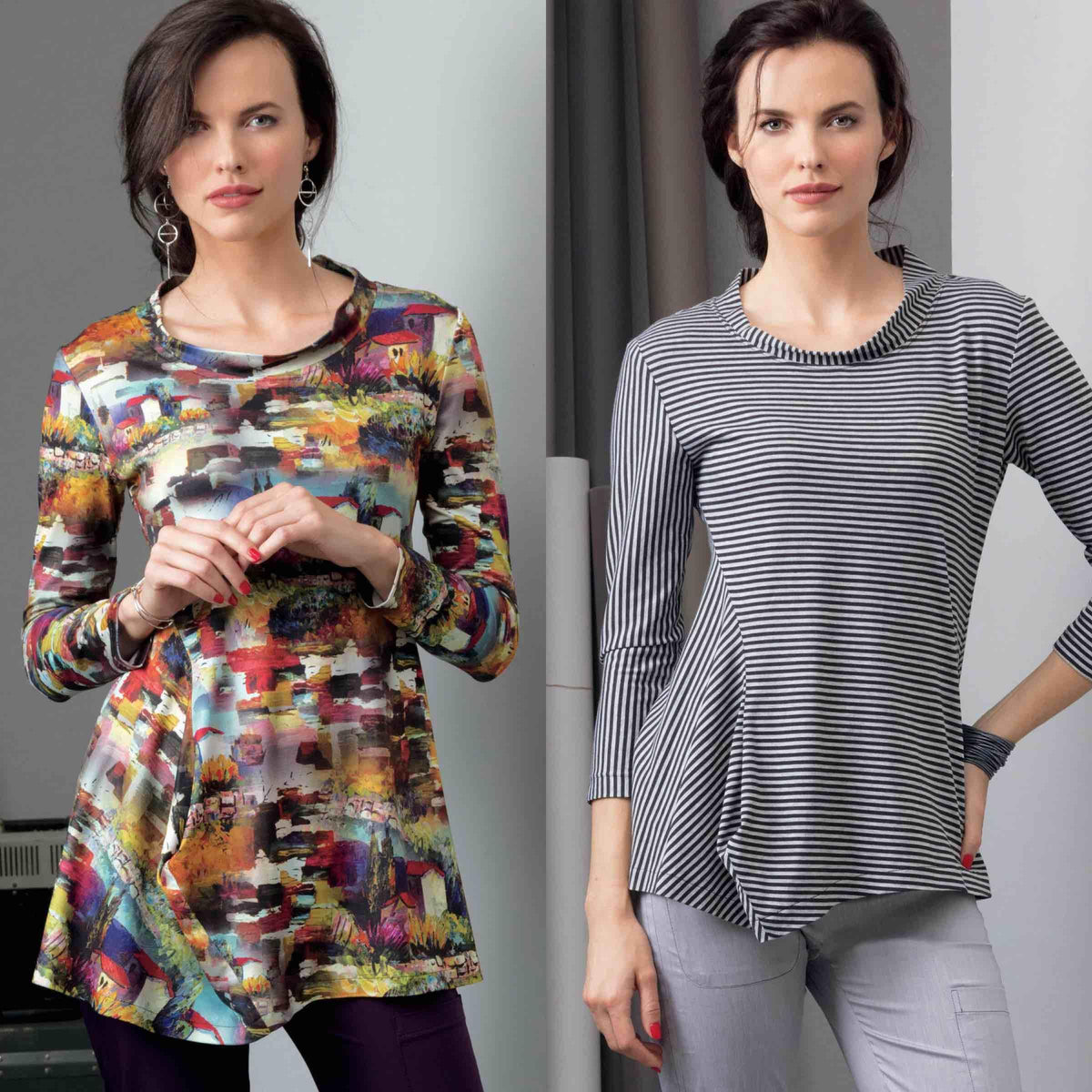 Women modeling abstract print and striped long-sleeve tops made from apparel fabric