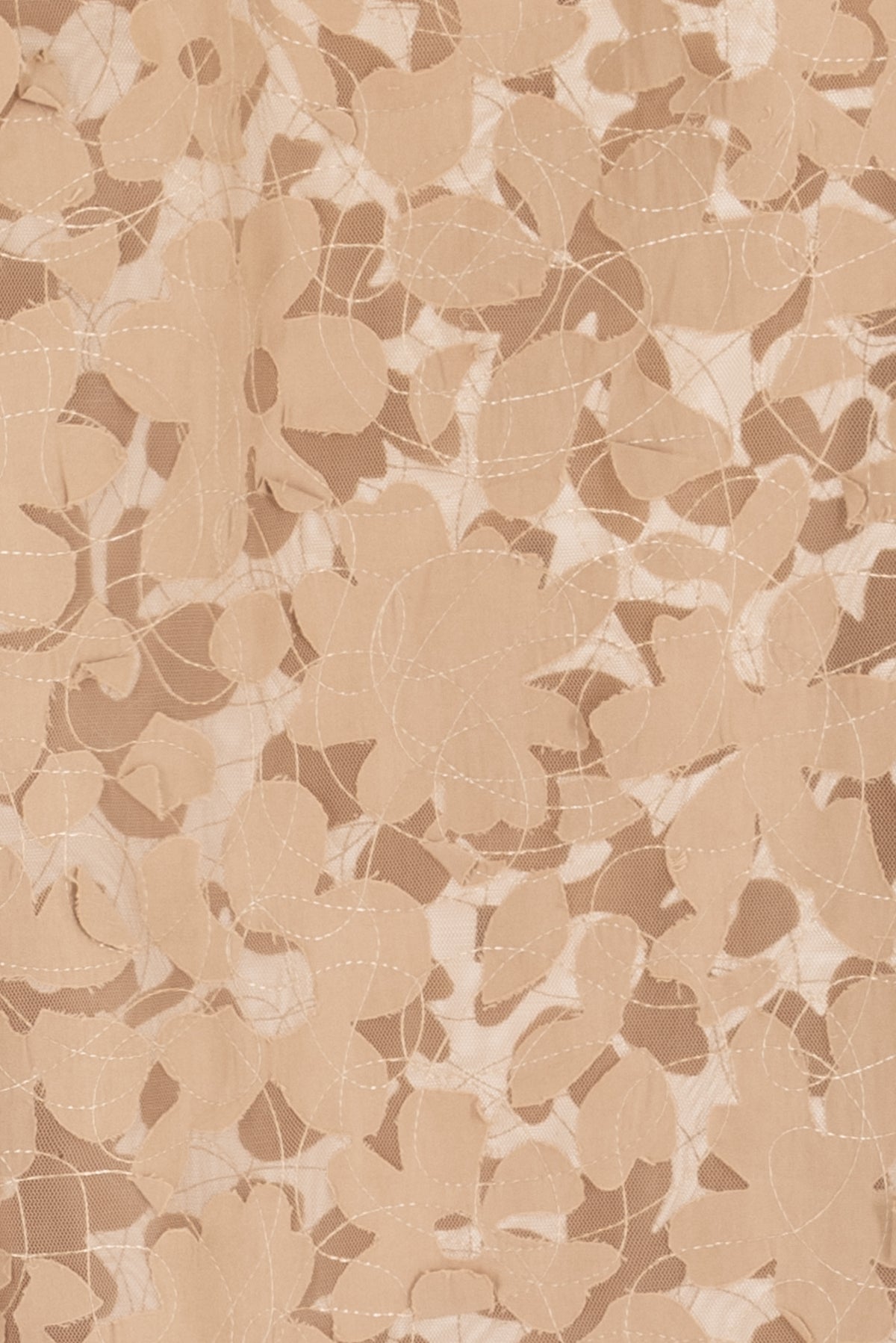 Beige floral appliqué fabric with sheer mesh and embroidery, ideal for apparel sewing projects